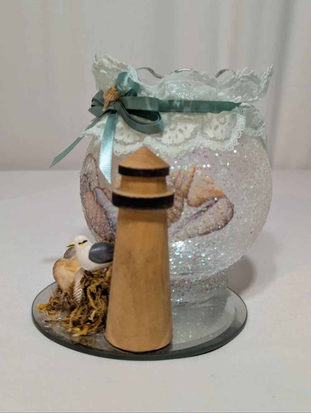 Mirror Candle Holder beachy glittery glitter 5 in 12.7 cm beach seagull lace bow